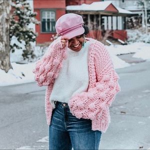 Chicwish Candy Pink Hand Knit Puff Sleeve Cardigan